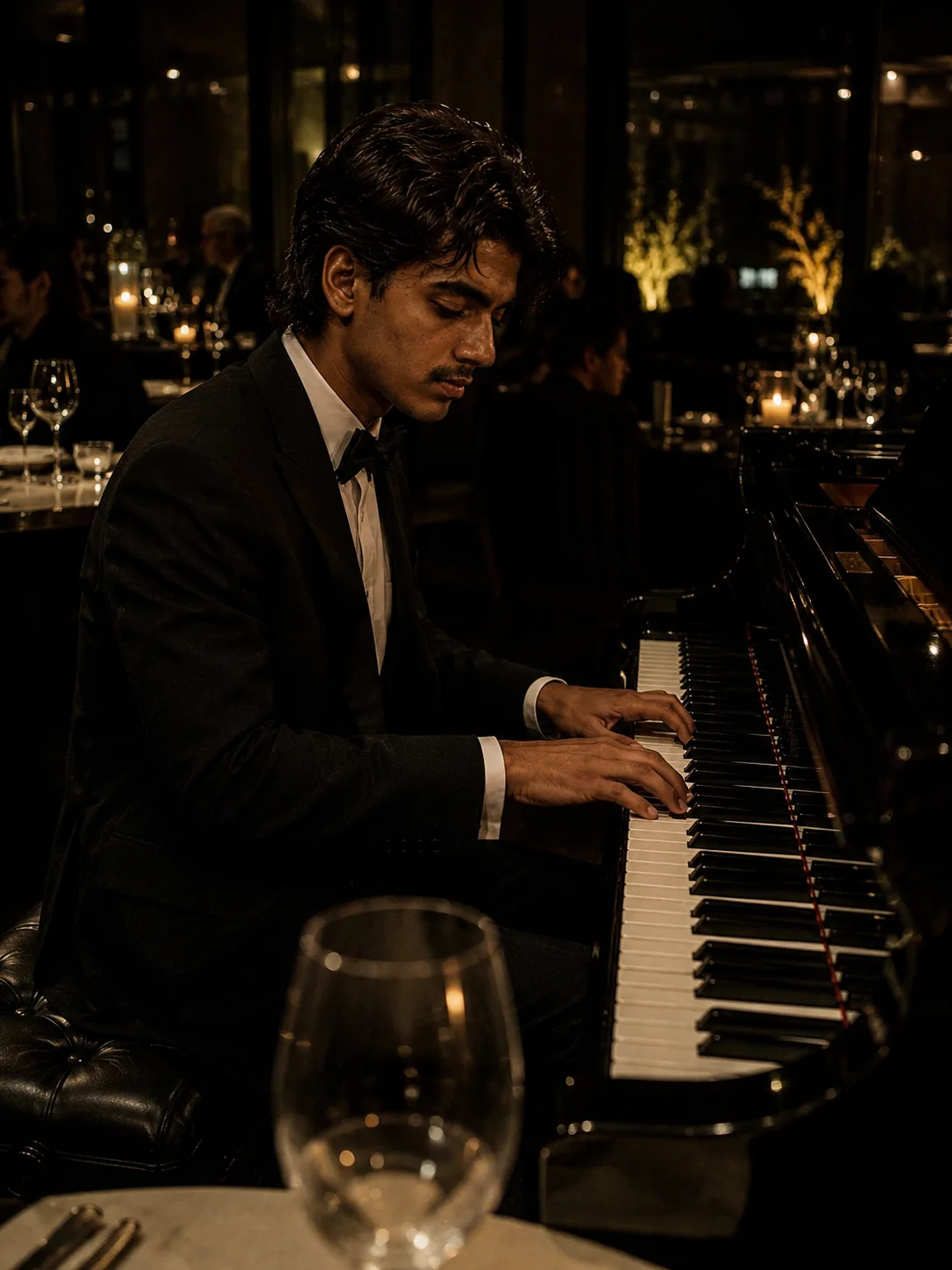 Create a highly photorealistic cinematic editorial photograph of a young adult man playing a grand piano inside an extremely dark,