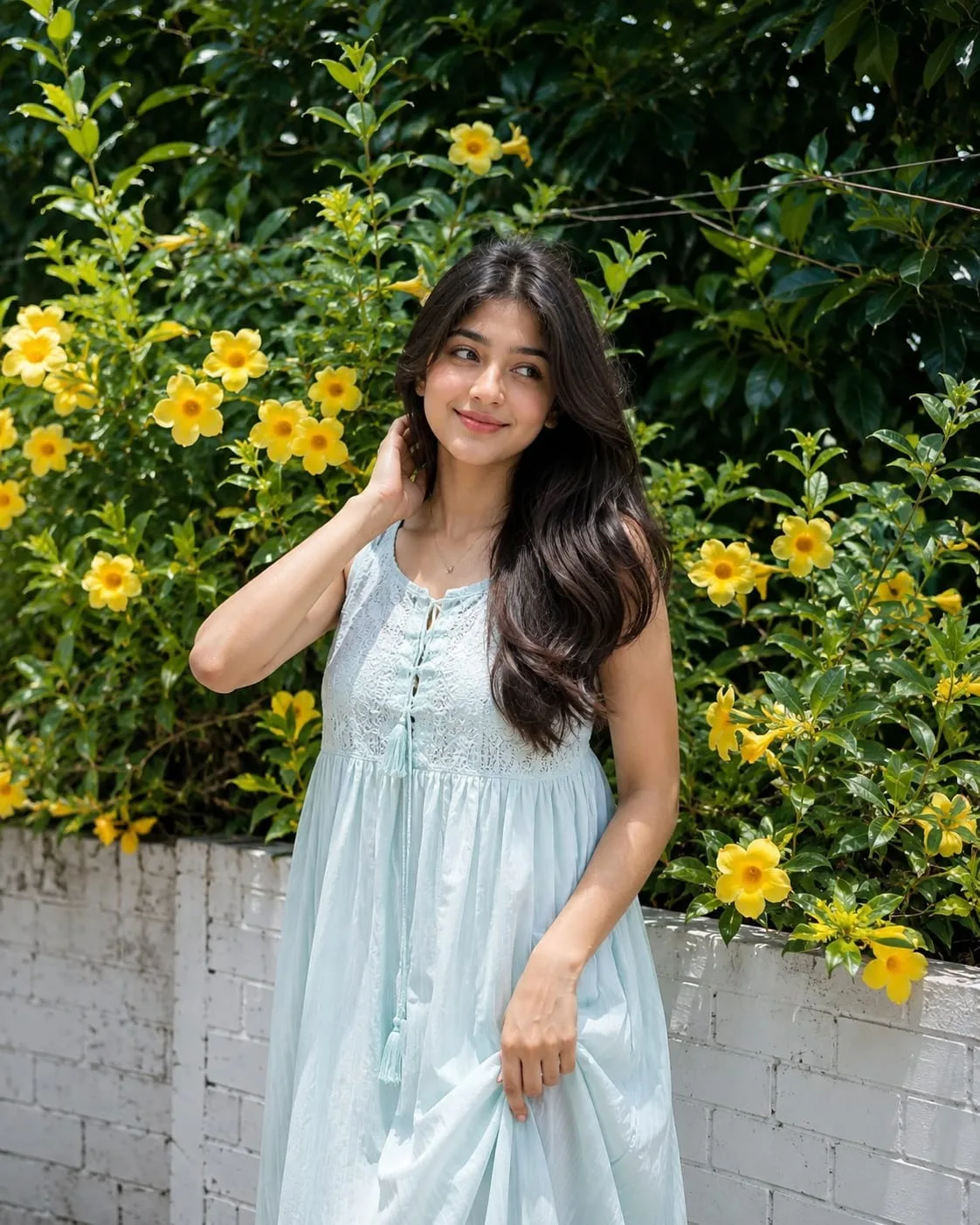 Create an ultra-realistic, high-detail vertical portrait photograph (4:5) of a young South Asian girl standing naturally in a beautiful