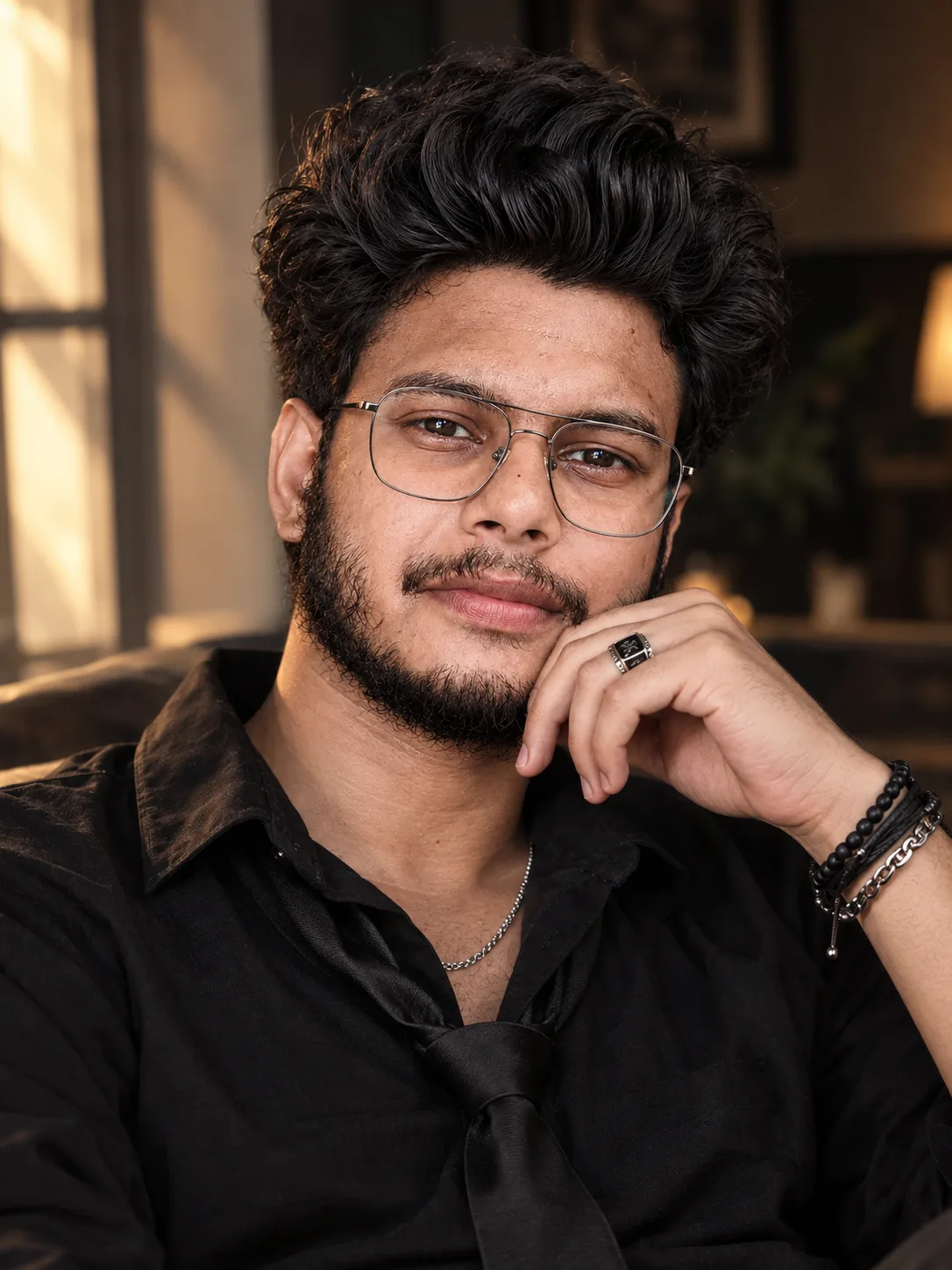 A close-up portrait of a young South Asian man with thick, voluminous, wavy black hair styled upward and slightly messy, full dark beard