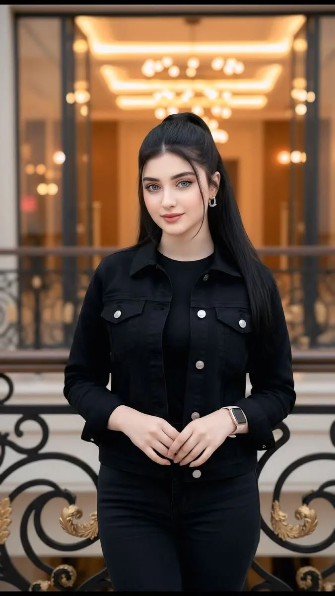 A high-quality, realistic cinematic portrait of an elegant young Middle Eastern woman standing indoors in a luxury building.