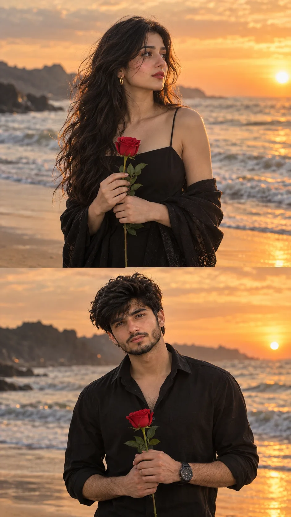 Create an ultra-realistic cinematic romantic portrait of an adult couple, match faces exactly from the reference image, at a beach during