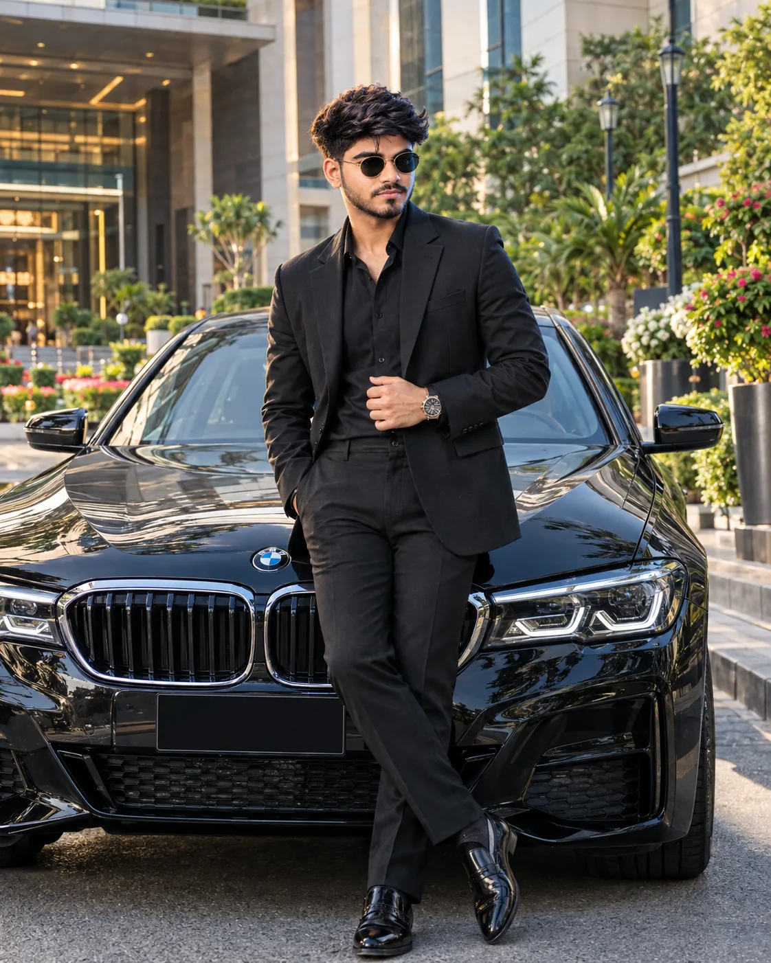 Create an ultra-realistic, professional 4K cinematic photograph of me standing confidently in front of a luxurious black BMW on a beautiful