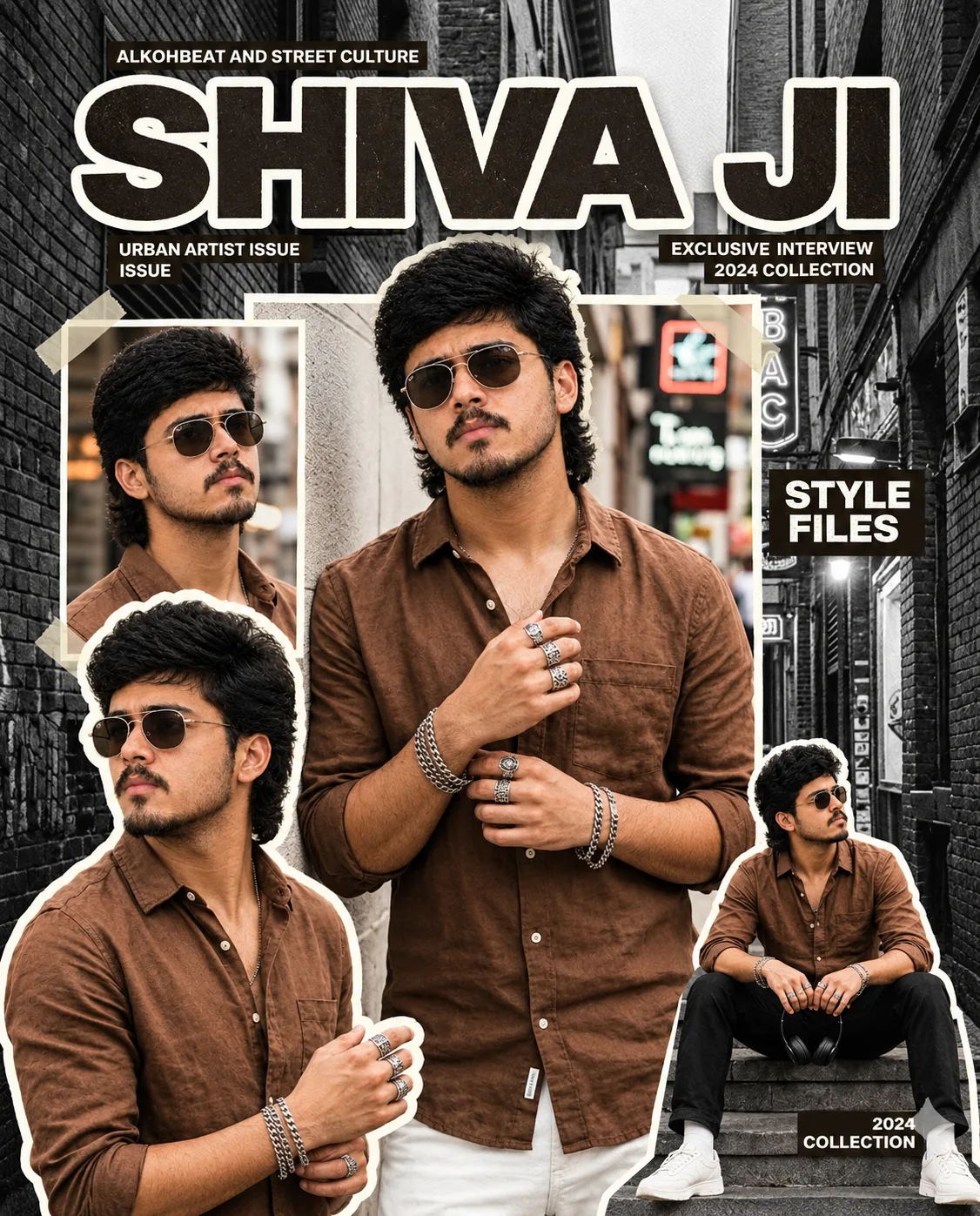 Create a high-end photorealistic fashion magazine cover collage featuring the same young Indian man consistently in every portrait.