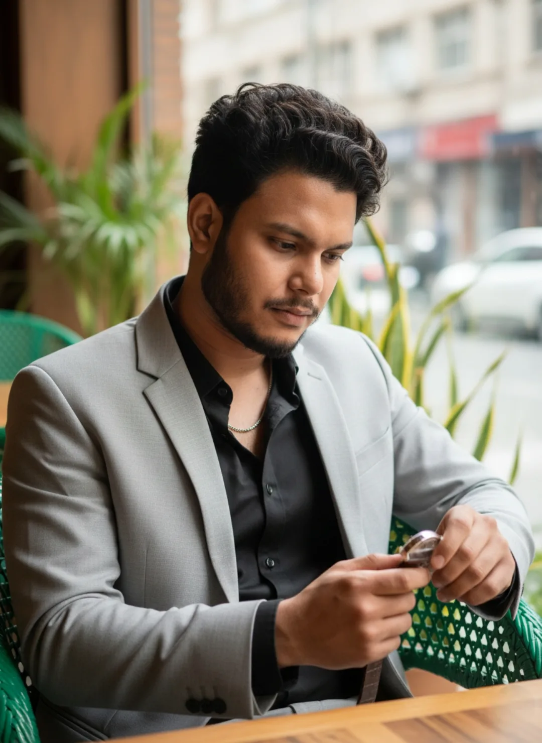A photorealistic, high-end professional portrait of a 26-year-old Indian man with a height of 5 feet 5 inches, featuring exact facial