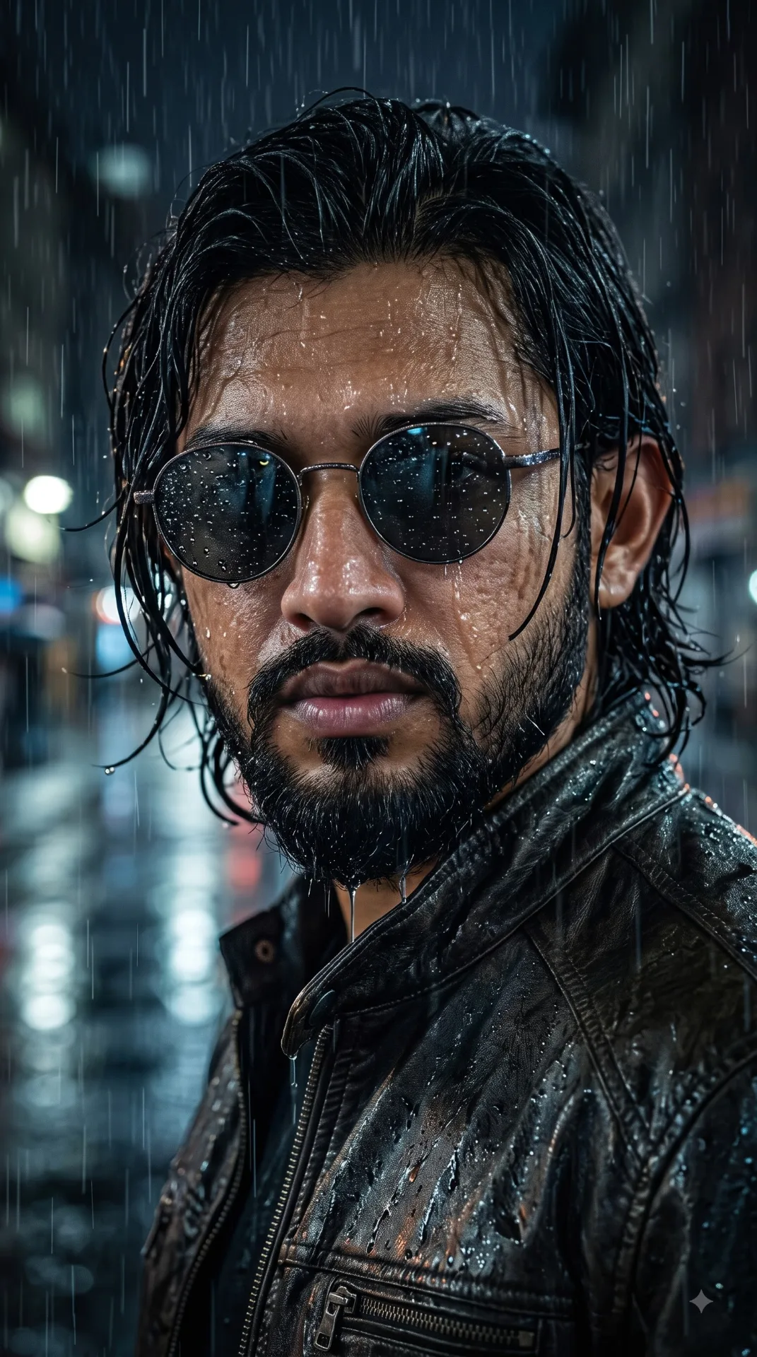A hyper-realistic cinematic close-up of a mysterious rugged man standing in heavy rain.