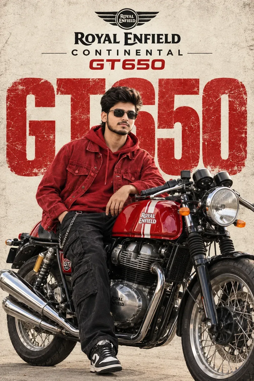 "A photorealistic, vintage-style advertising poster featuring a stylish boy in his 18 year old slim body sitting confidently on a red and