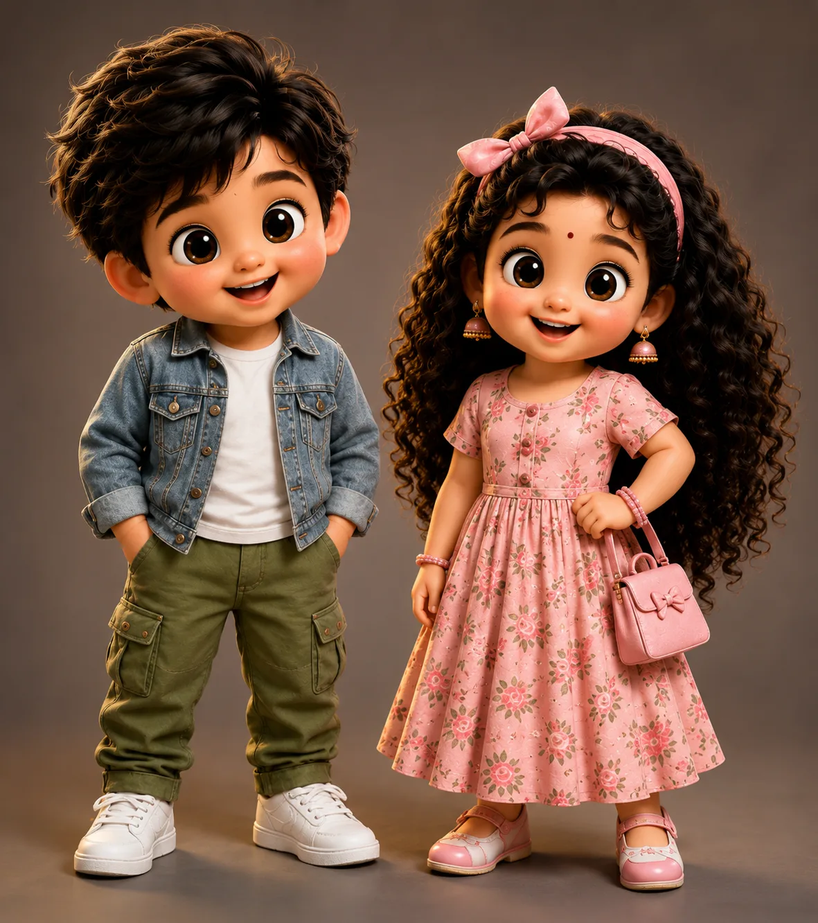 Create a premium cinematic 3D animated scene featuring two adorable Indian toddler characters, KUCCHU and PUCHU, standing together inside a