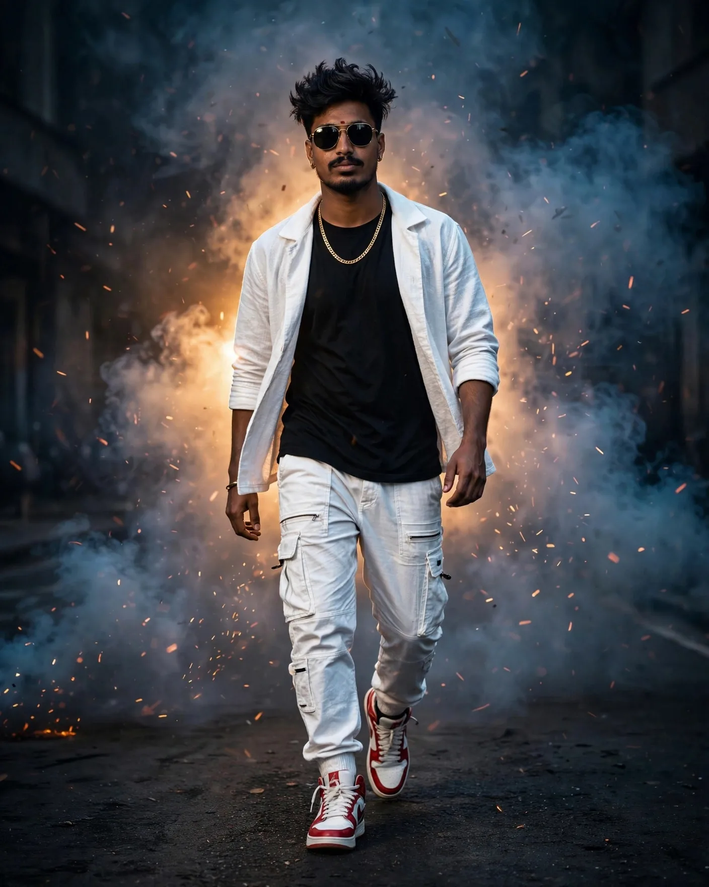 Ultra-realistic cinematic fashion portrait of a stylish young South Asian man walking confidently toward camera, messy black quiff, trimmed