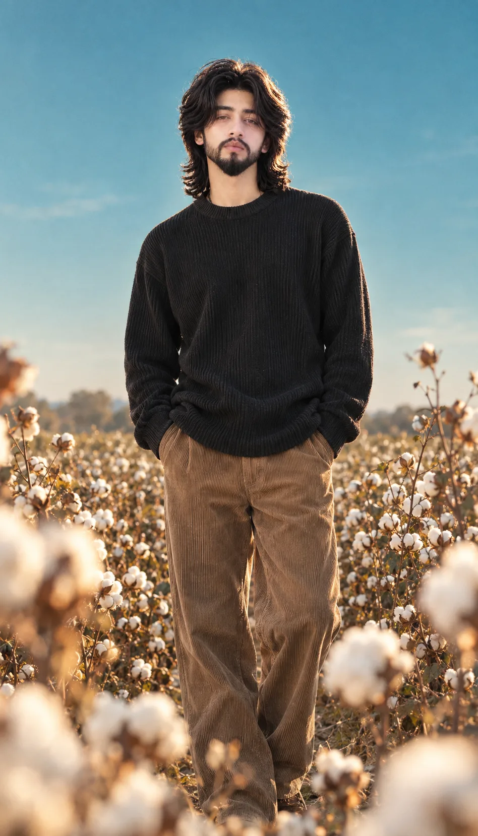 A natural-light portrait of a person standing in a cotton field.