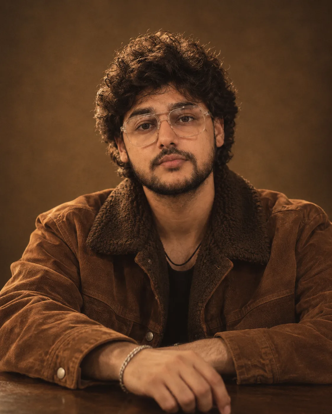 "A moody, cinematic studio portrait of a young man with thick, voluminous dark curly hair falling loosely around his forehead and temples,