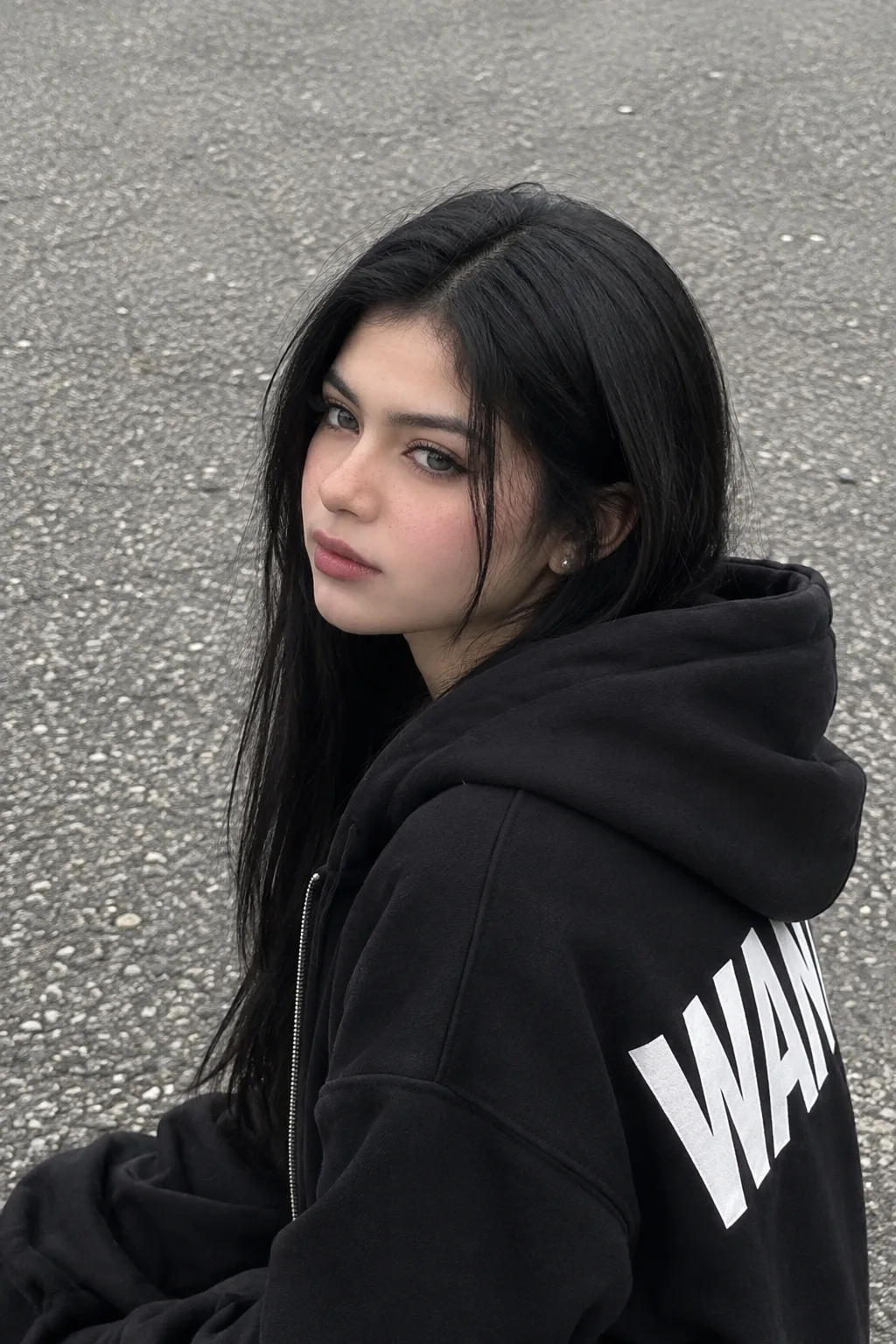 Ultra-realistic high-resolution portrait of a young woman sitting outdoors on a gray textured road.