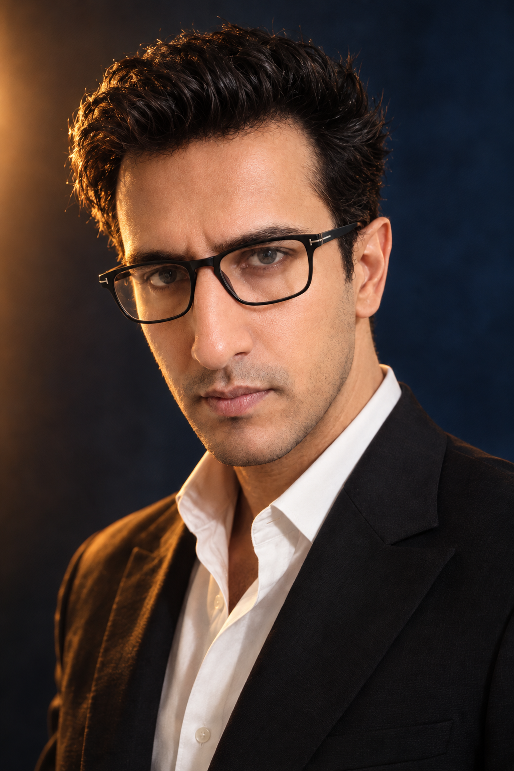 Ultra-realistic cinematic close-up portrait of a handsome young man in a sophisticated black tailored suit and crisp white dress shirt,