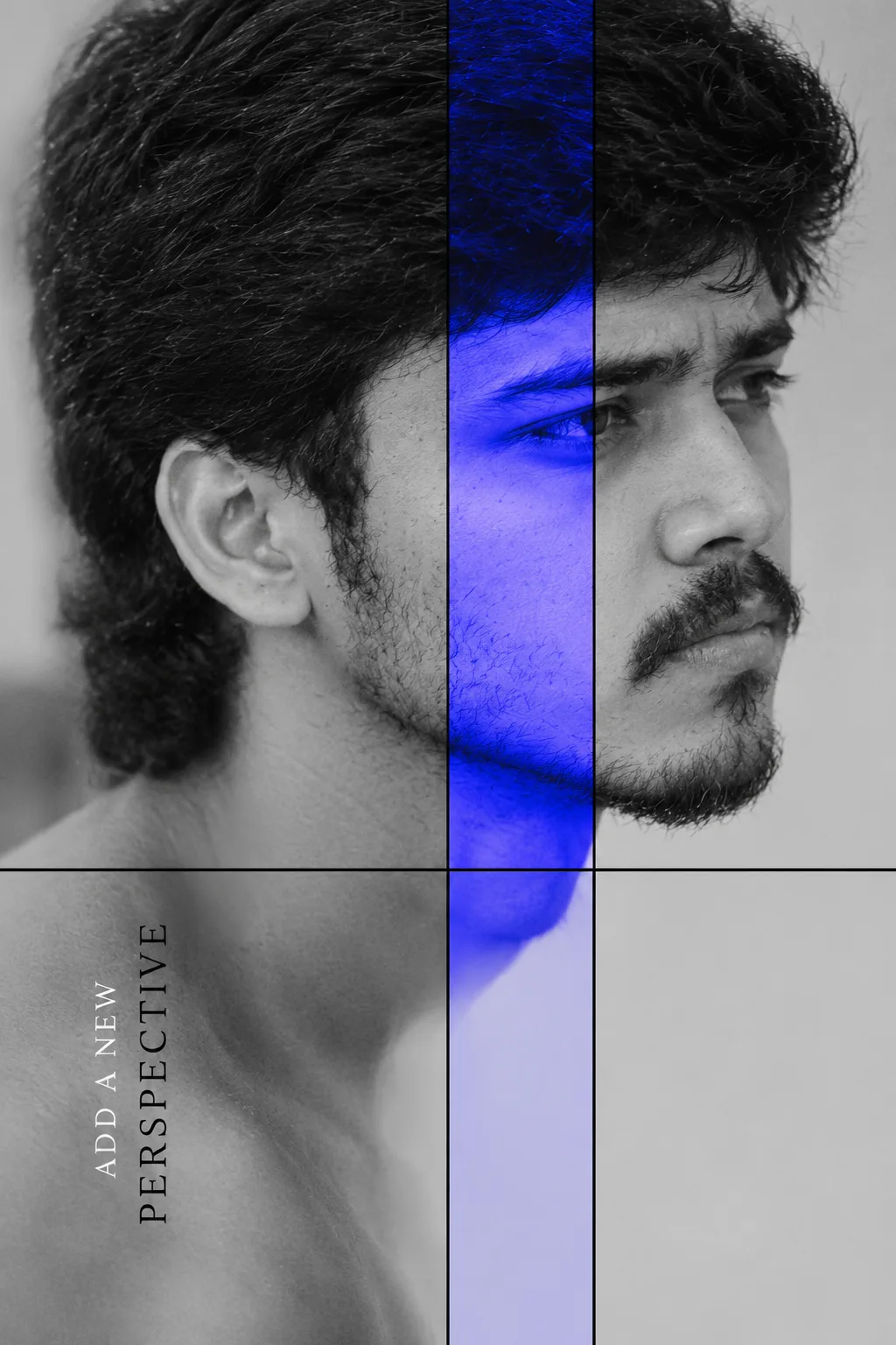 Create an ultra-photorealistic black-and-white close-up portrait of a young man in side profile, matching the reference image’s composition