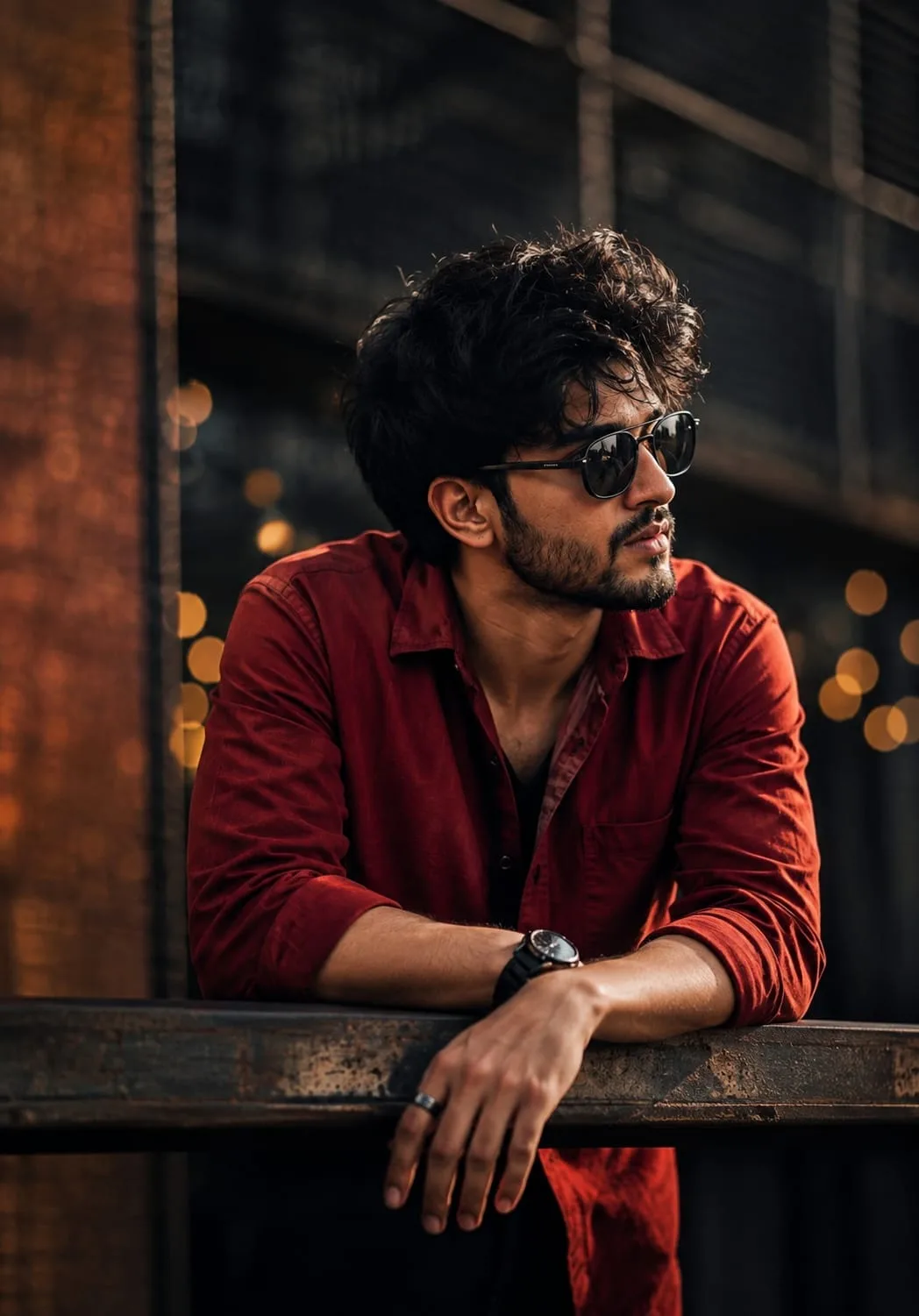 Prompt : Photorealistic cinematic portrait of a stylish young South Asian man with tousled dark hair, light beard, black sunglasses, and a