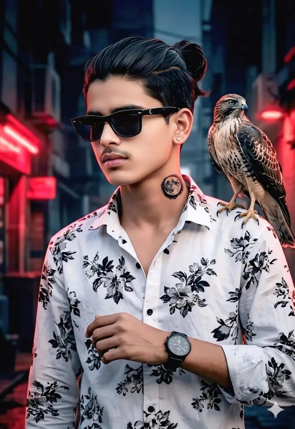 A high quality digital art portrait of a boy with tied in a half bun(boy bun) .He is wearing sleek black sunglasses and a white patterned
