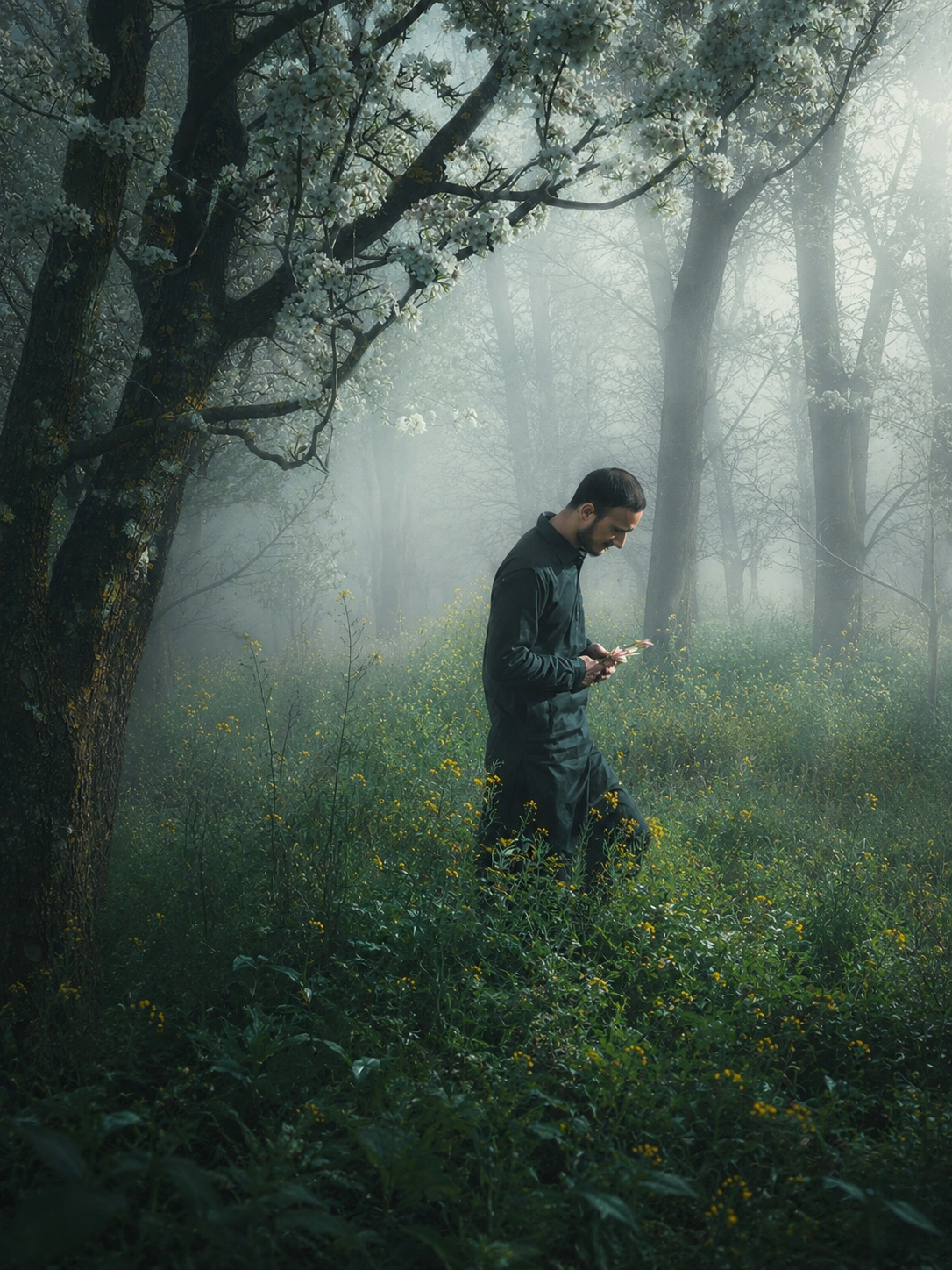 Transform this image into a breathtaking ultra-realistic foggy forest masterpiece.