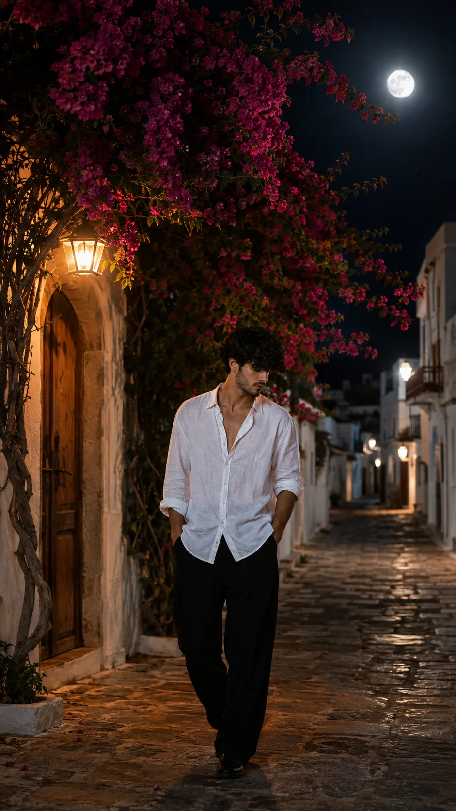 Ultra-realistic cinematic night portrait of a young South Asian man standing on a quiet Mediterranean-style cobblestone street beneath a