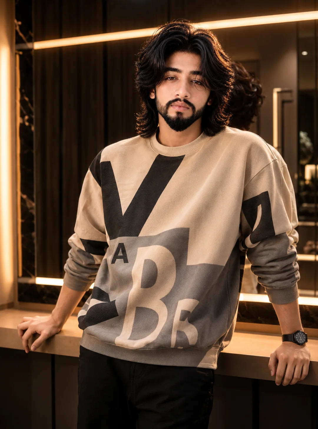 An ultra-detailed 8K hyper-realistic portrait of a young man (use reference face, slim build, height 5'11) standing indoors in a modern,