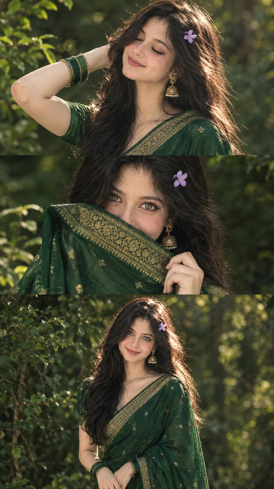 "A high-resolution cinematic collage of three vertical panels featuring a beautiful Indian woman in a lush, moody green forest setting.