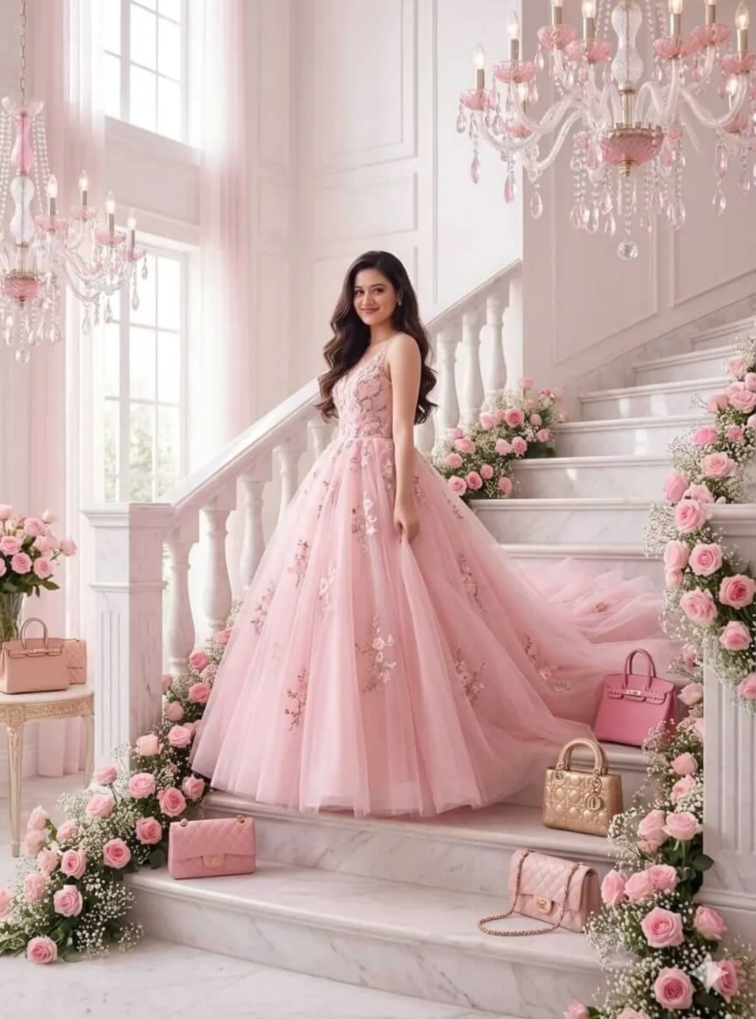 A dreamy, hyper-realistic image of a woman (Facial expressions must be same like reference image) in a pastel pink ball gown, walking down