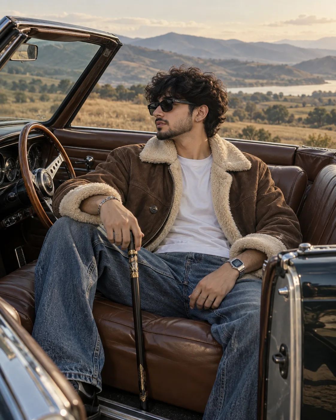 Cinematic, ultra realistic lifestyle portrait of a stylish young man sitting inside a vintage convertible car in the countryside, same as