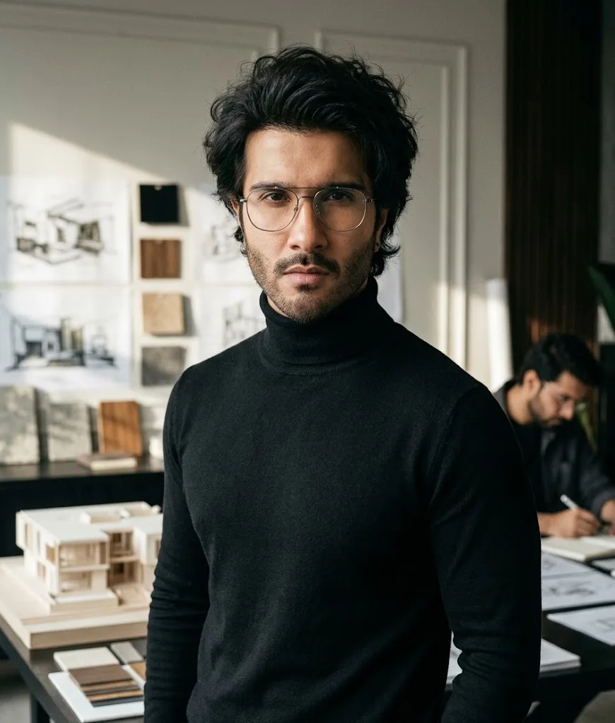 A portrait of a confident male Designer aged 25 standing in a refined modern terio wearing a black turtleneck, thin-rimmed glasses, with a