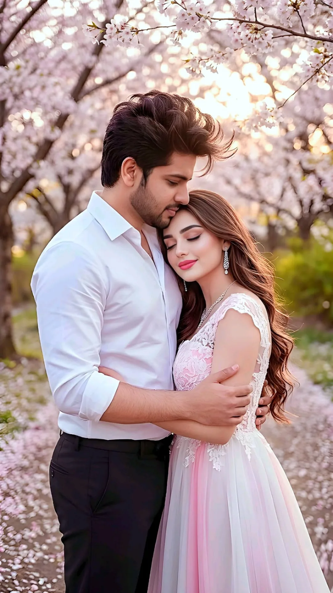 A romantic and photorealistic portrait of a young couple hugging gently on a path filled with fallen pink petals.
