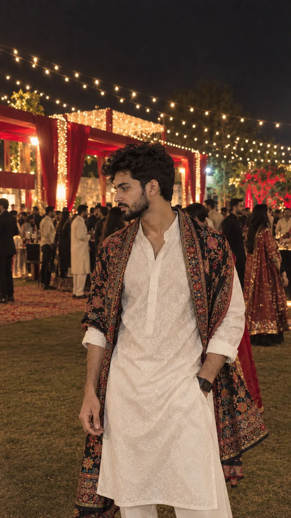 A young South Asian man standing outdoors at a festive night celebration, wearing a white embroidered kurta with a patterned, colorful