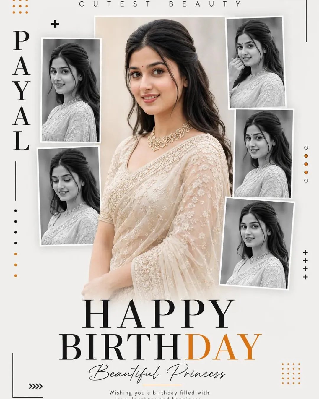 A beautiful birthday photo collage banner featuring a single elegant Indian woman in her early 20s.