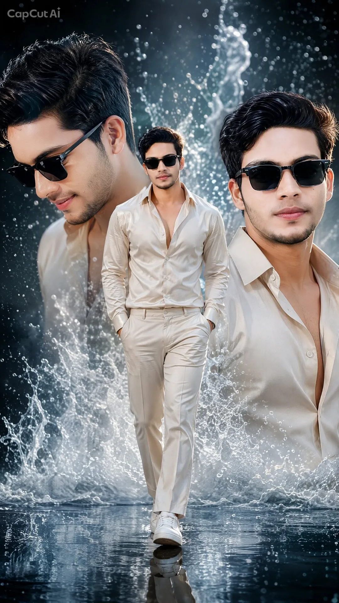 A high-end cinematic multi-exposure fashion collage of a handsome young man with styled dark hair, wearing stylish black sunglasses, an