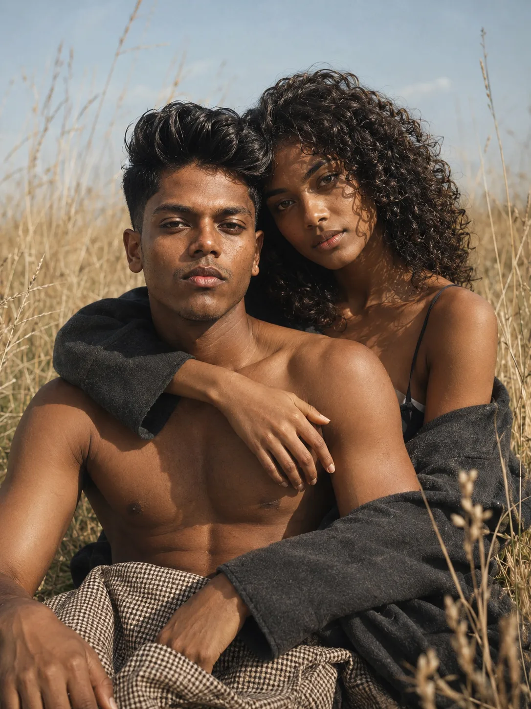 Create a black-and-white studio portrait of a couple in an intimate pose, in the style of fine art.