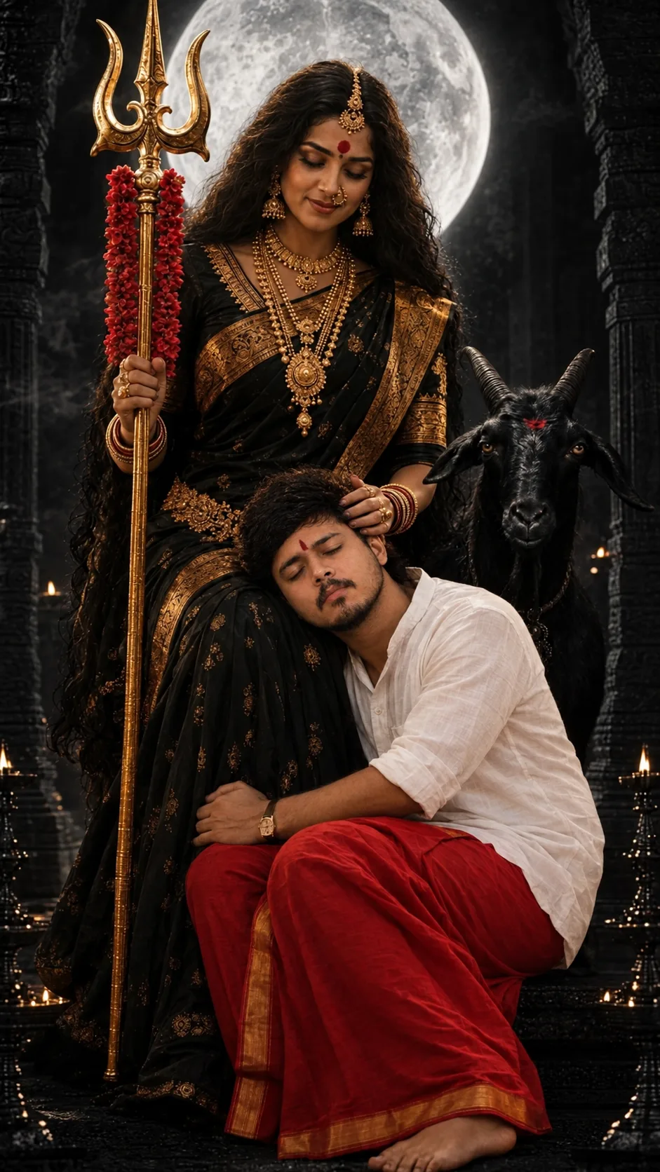A highly detailed photorealistic cinematic devotional portrait set inside an ancient dark stone temple at night.