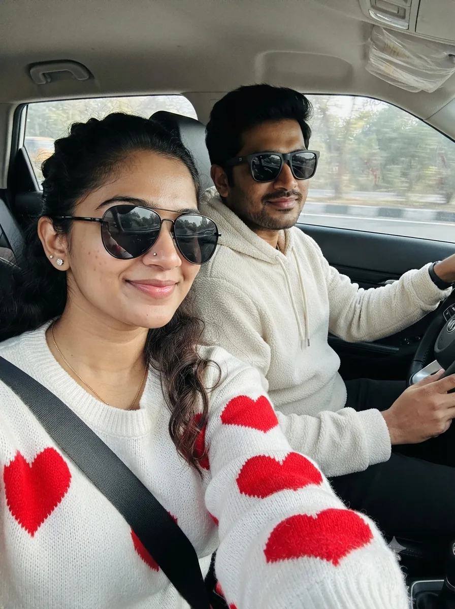 A hyper-realistic, close-up candid se Ifie of a young South Indian couple sitting inside a car during a daytime road trip.