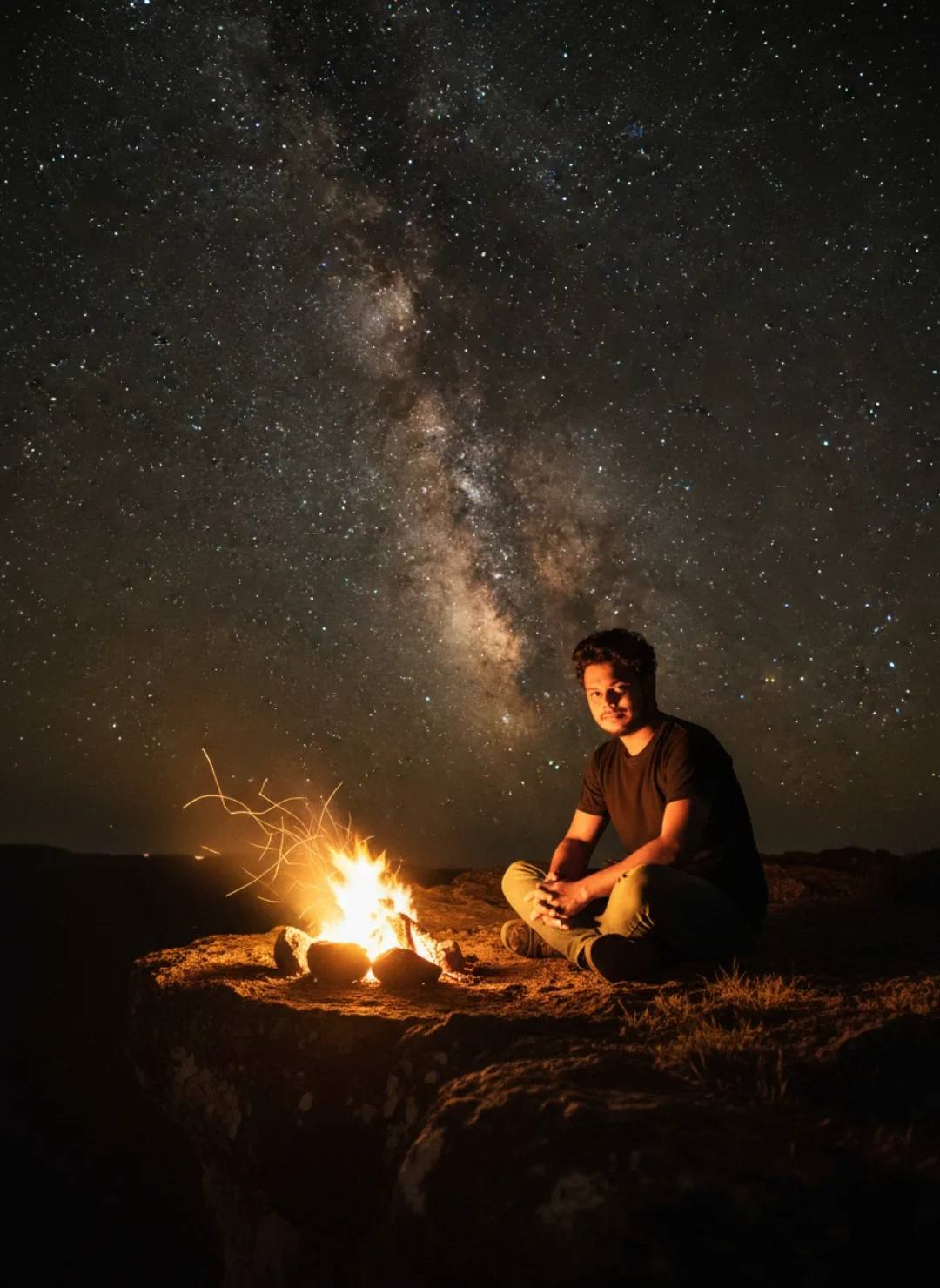 A young man with curly dark hair and a light beard sits cross-legged on a rugged rocky cliff edge at night, wearing a plain black t-shirt