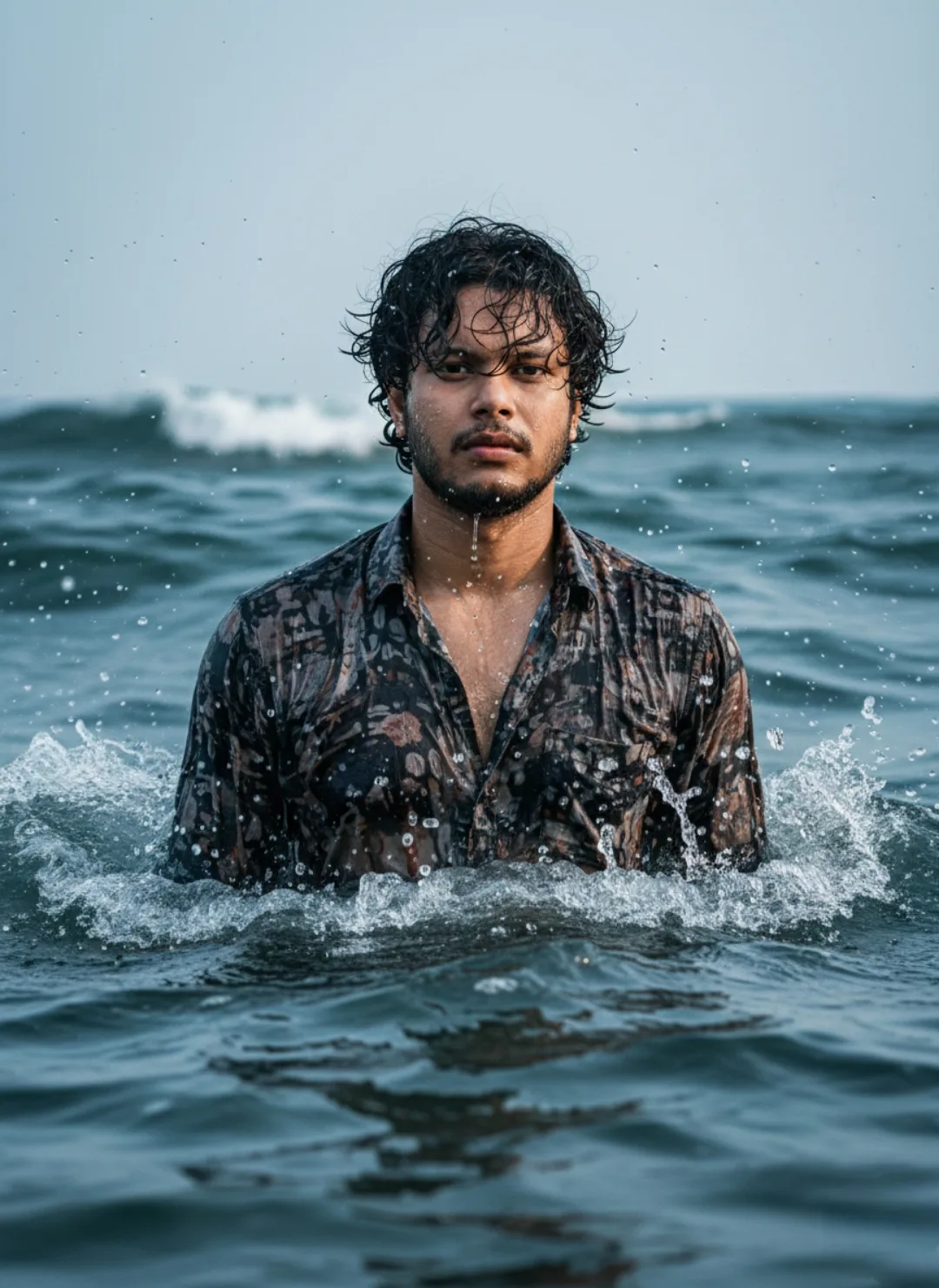 A dramatic close-up portrait of a young South Asian man standing chest-deep in the ocean, looking directly at the camera with a calm,
