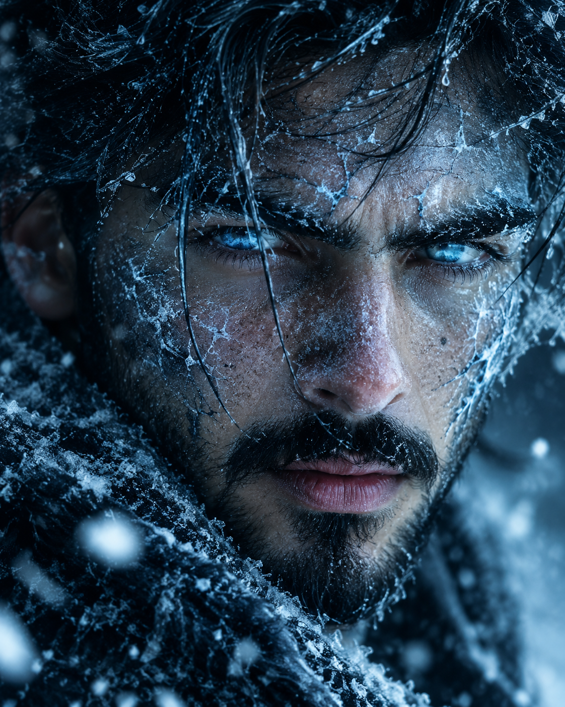 A hyper-realistic close-up portrait of a mysterious frostbound man, icy blue glowing eyes, snow crystals shimmering on his skin,
