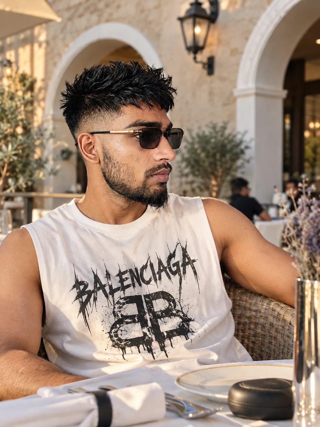 Golden Hour Outdoor Dining Portrait of Young South Asian Man