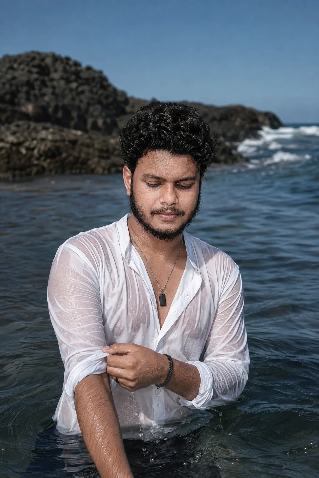 Medium shot of an attractive young man standing waist-deep in ocean water near a rocky coastline.