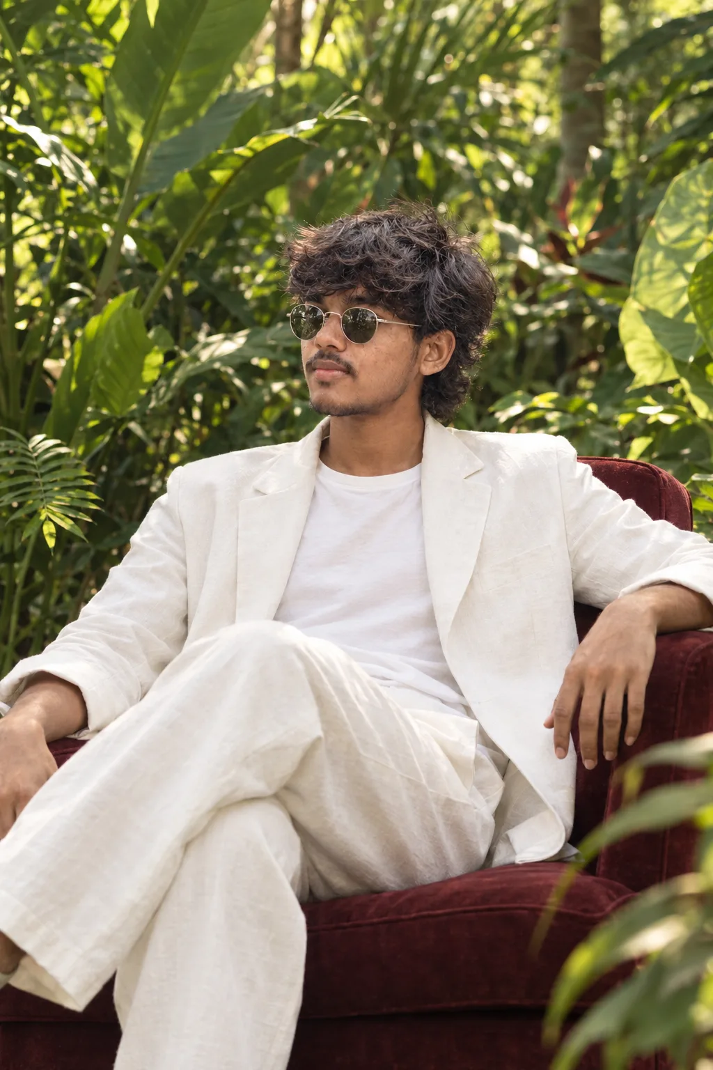 Ultra-realistic cinematic lifestyle portrait of a stylish young South Asian man relaxing outdoors in a lush tropical garden.