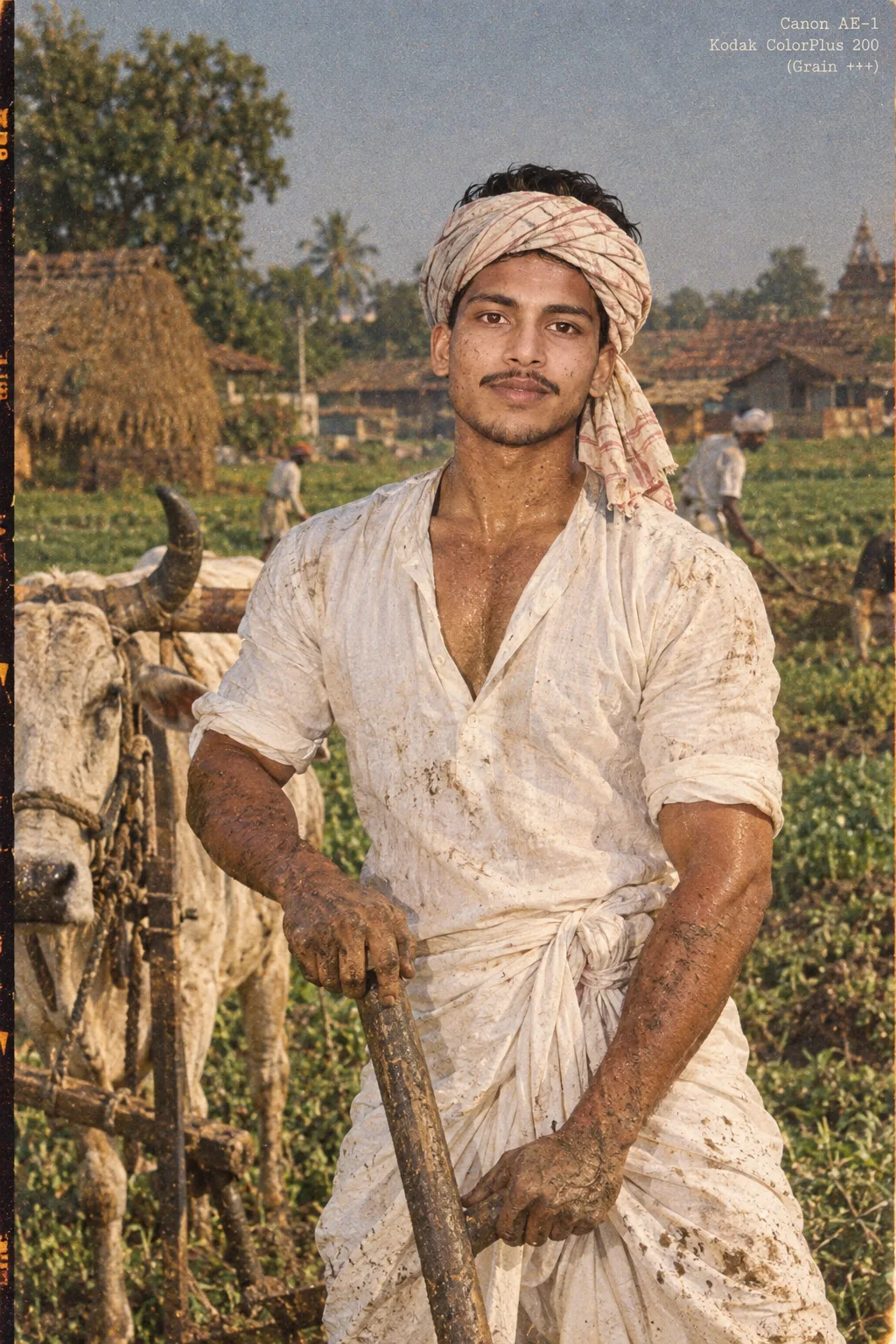 A realistic photograph of a strong, muscular Indian farmer from the 1980s, standing in a lush green field during a sunny day.