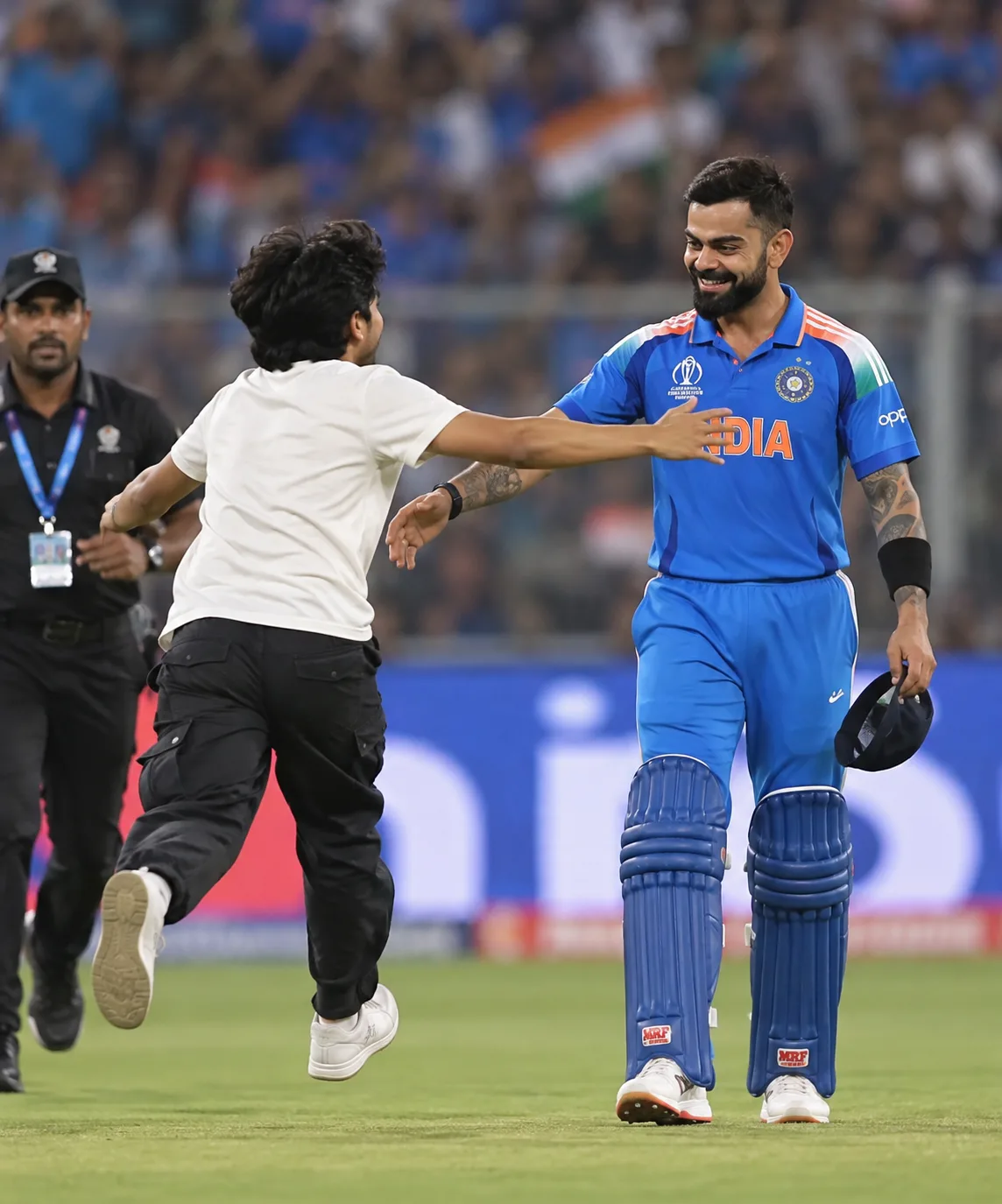 Ultra-realistic, photorealistic sports photograph of Virat Kohli on a professional cricket ground during a live international match.