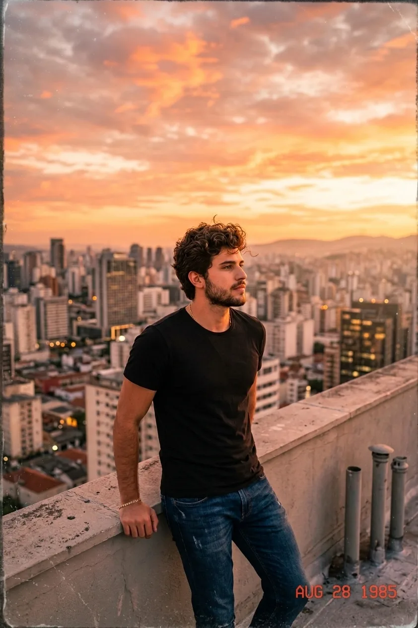 A photorealistic young man standing on a busy city street at night, surrounded by colorful neon signs and glowing city lights, reflections