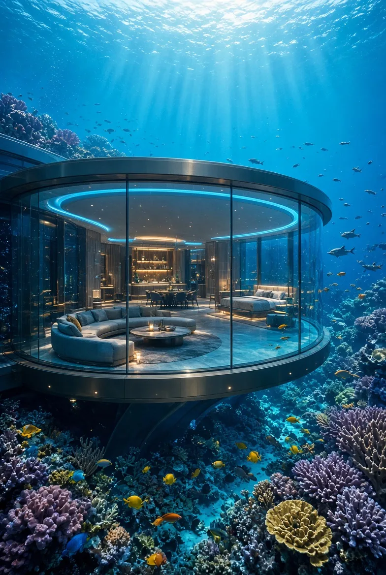 Luxury underwater hotel surrounded by a vibrant coral reef, panoramic glass walls revealing exotic marine life, elegant modern interiors,