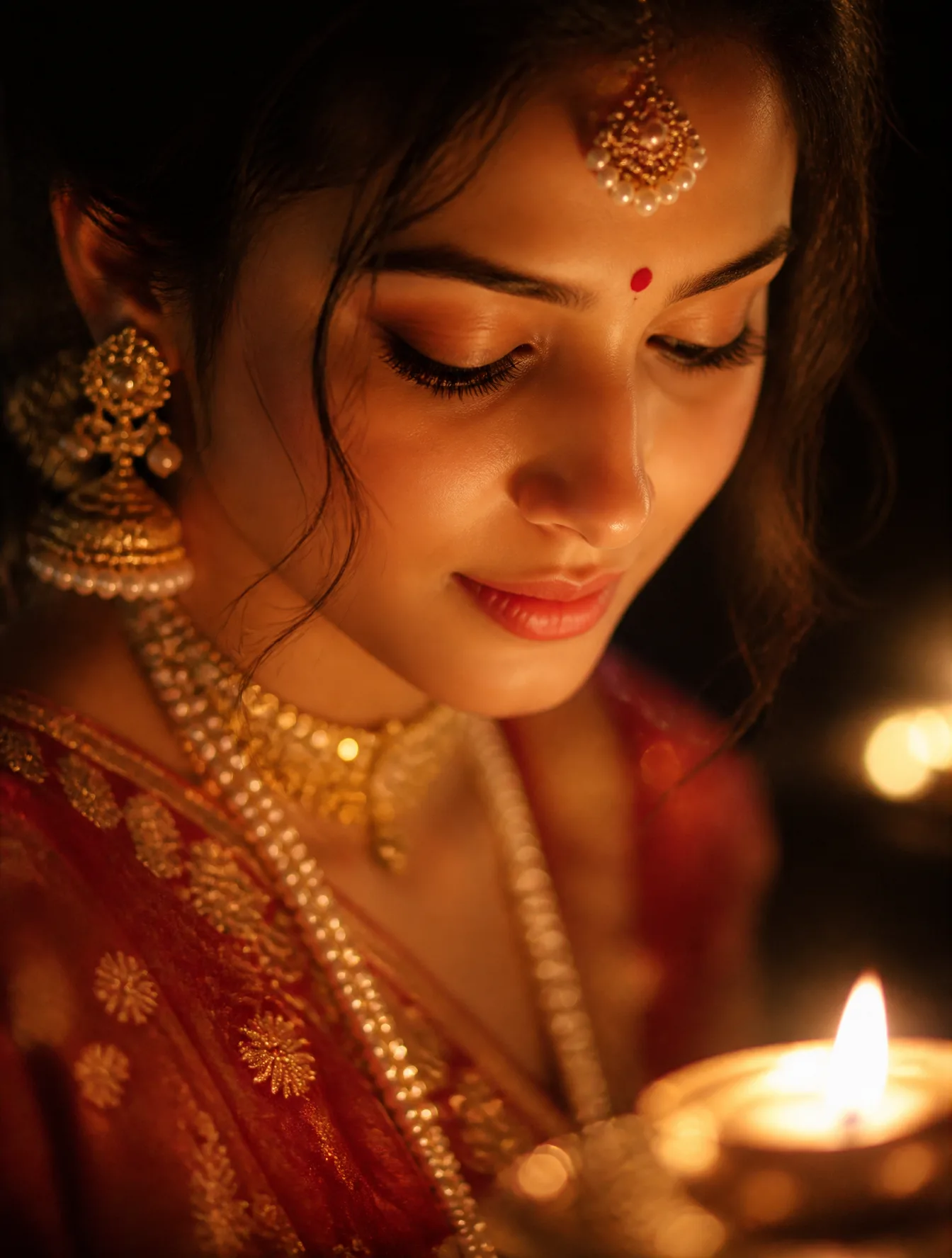 A portrait of a woman in traditional Indian attire is captured in an ethereal, dreamlike state, illuminated by the warm, flickering glow of