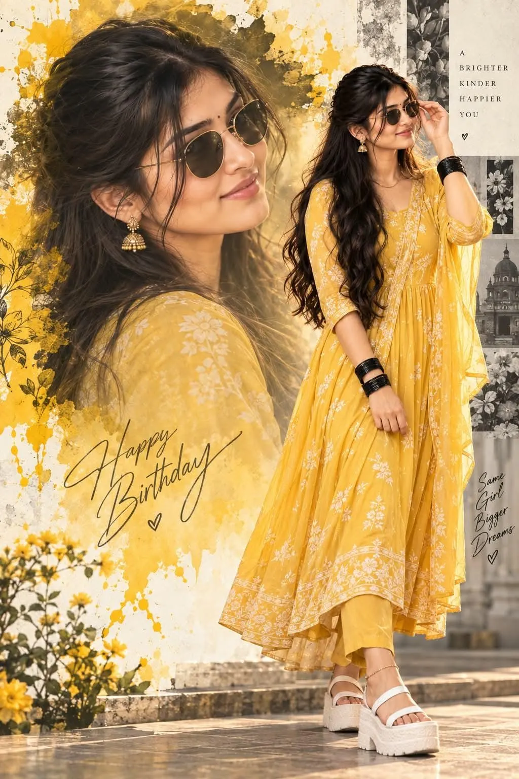 Create an ultra-realistic stylish birthday collage using the same woman’s face with 100% identity match.
