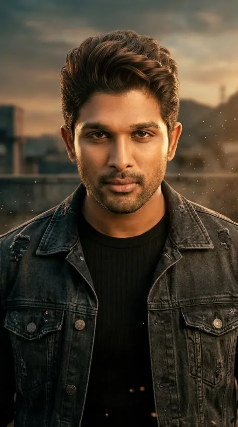 A professional, front-facing medium shot portrait of a handsome South Indian man resembling actor Allu Arjun.