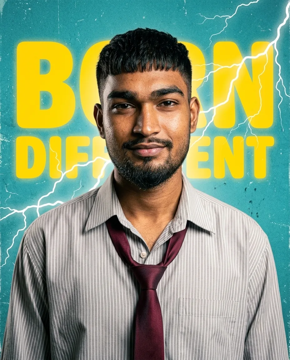 🎬 FULL-DETAIL AI IMAGE PROMPT — “BORN DIFFERENT” Use the uploaded reference photo as the PRIMARY and STRICT identity reference.