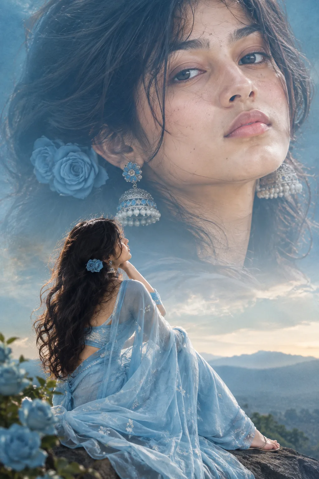 Ultra realistic cinematic composite photograph of a young South Asian woman wearing an elegant sky-blue net sari with delicate embroidery,