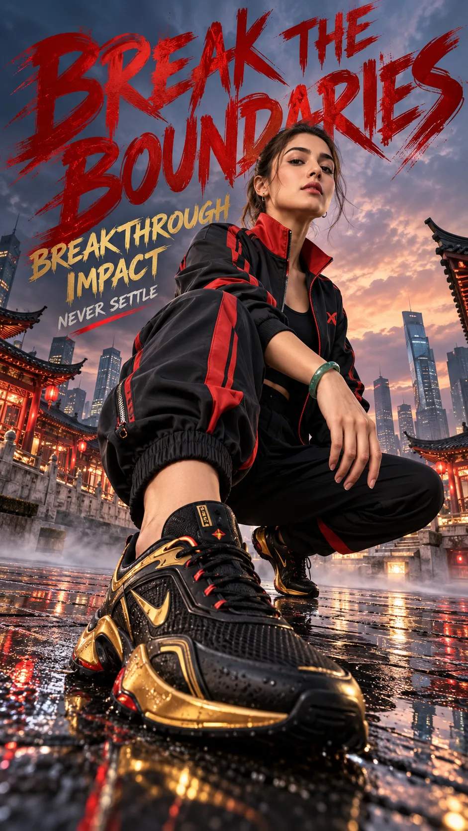 Create a premium cinematic 9:16 sports-fashion poster featuring a confident adult female athlete in a powerful crouching pose with one knee
