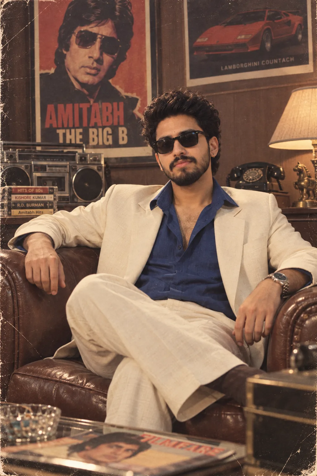 A retro 1980s Bollywood-inspired portrait of a stylish young man sitting confidently on a leather armchair in a vintage room, replicating